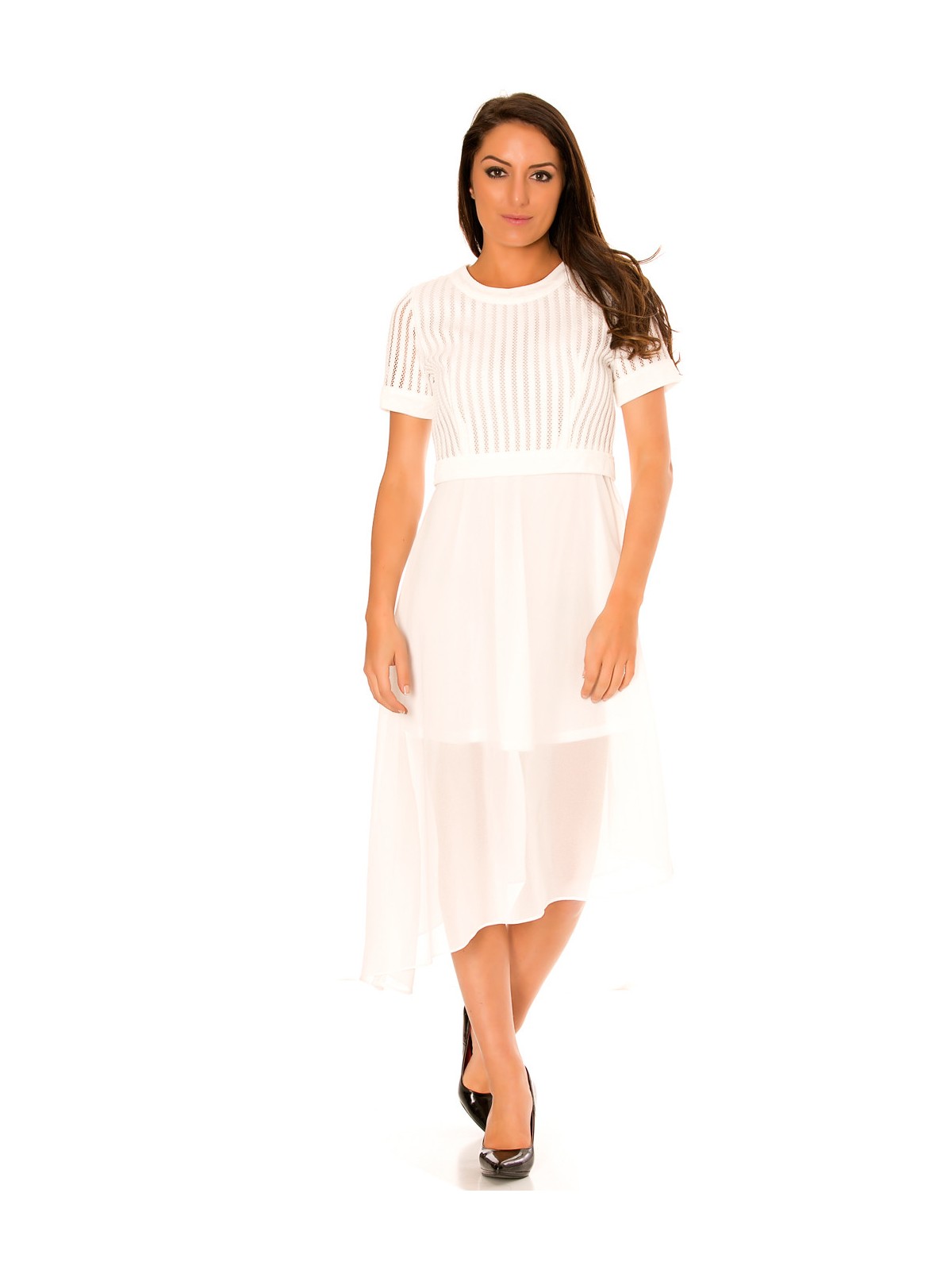 Robe blanche asymétrique et bi matière. Haut à trou et jupe en voilage. F6281 - 1