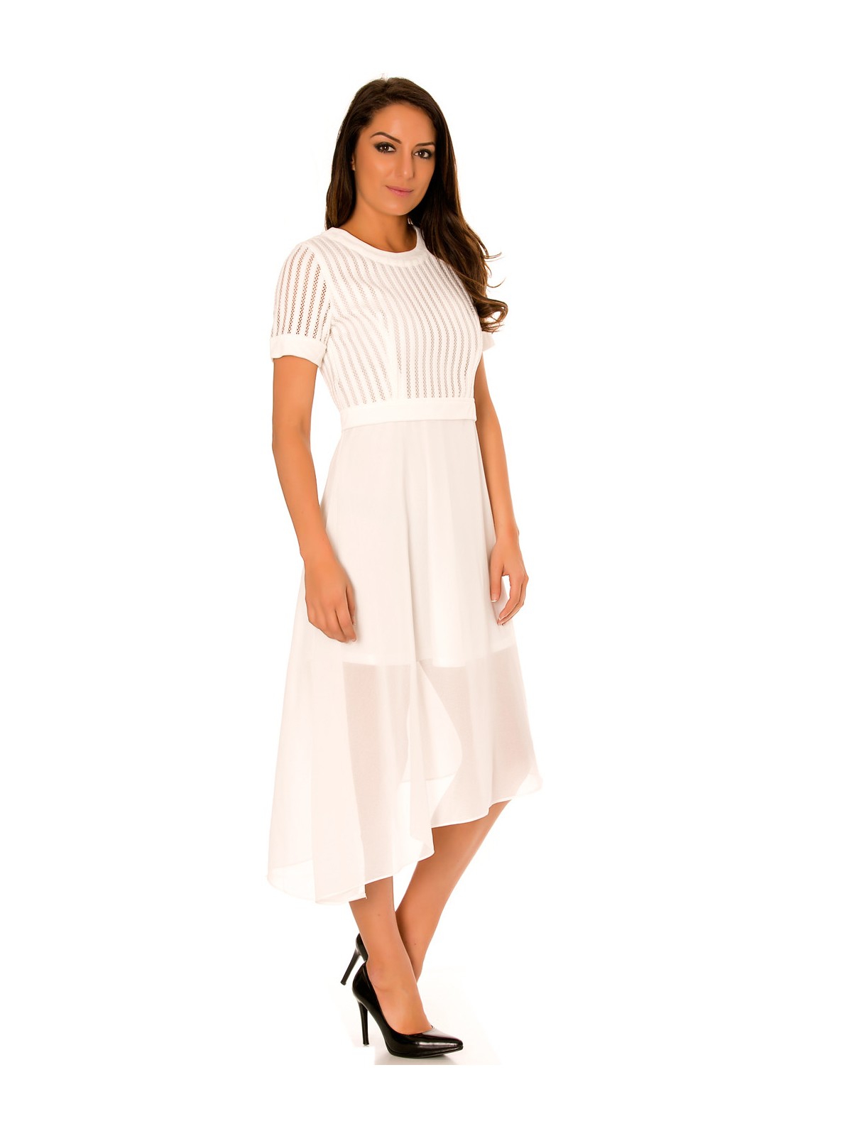 Robe blanche asymétrique et bi matière. Haut à trou et jupe en voilage. F6281 - 5