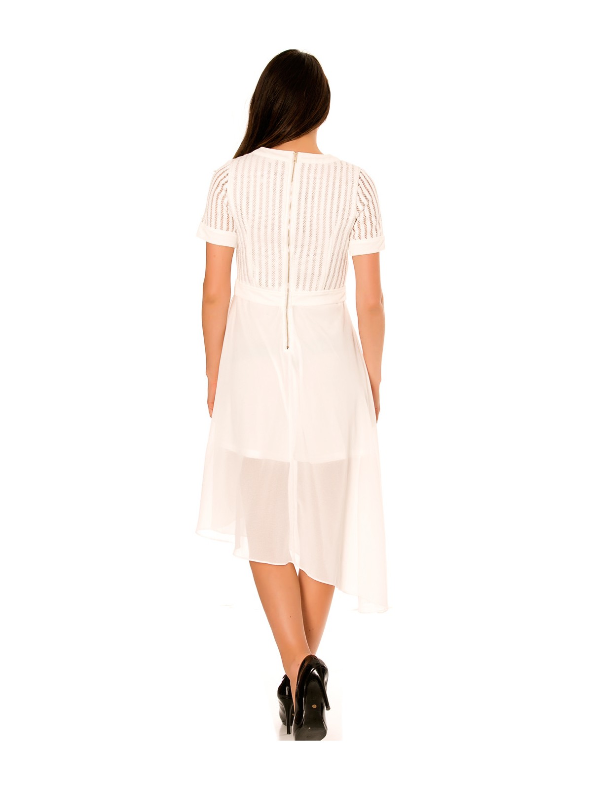 Robe blanche asymétrique et bi matière. Haut à trou et jupe en voilage. F6281 - 7