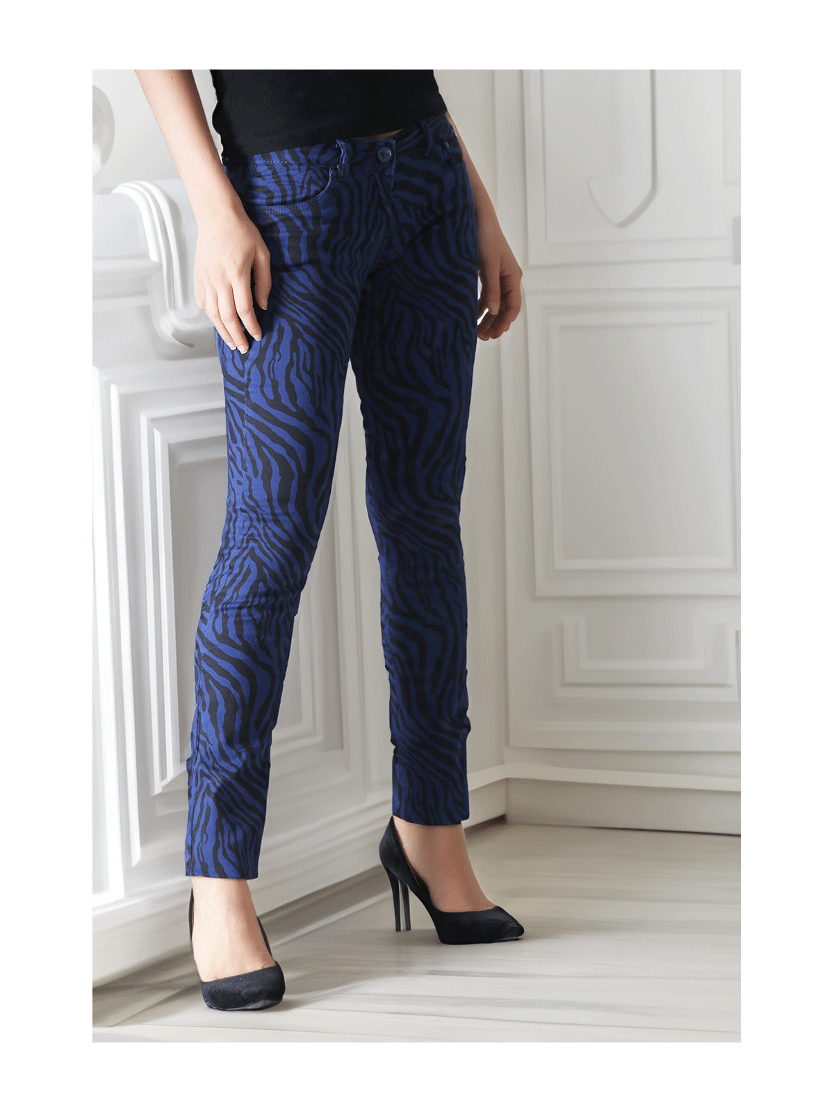 Pantalon Jeans bleu nuit extensible avec poche et motif noir S1317I - 2