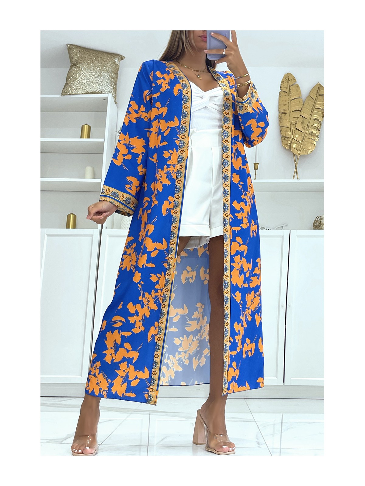Sublime kimono en soie avec motif royal et orange - 1