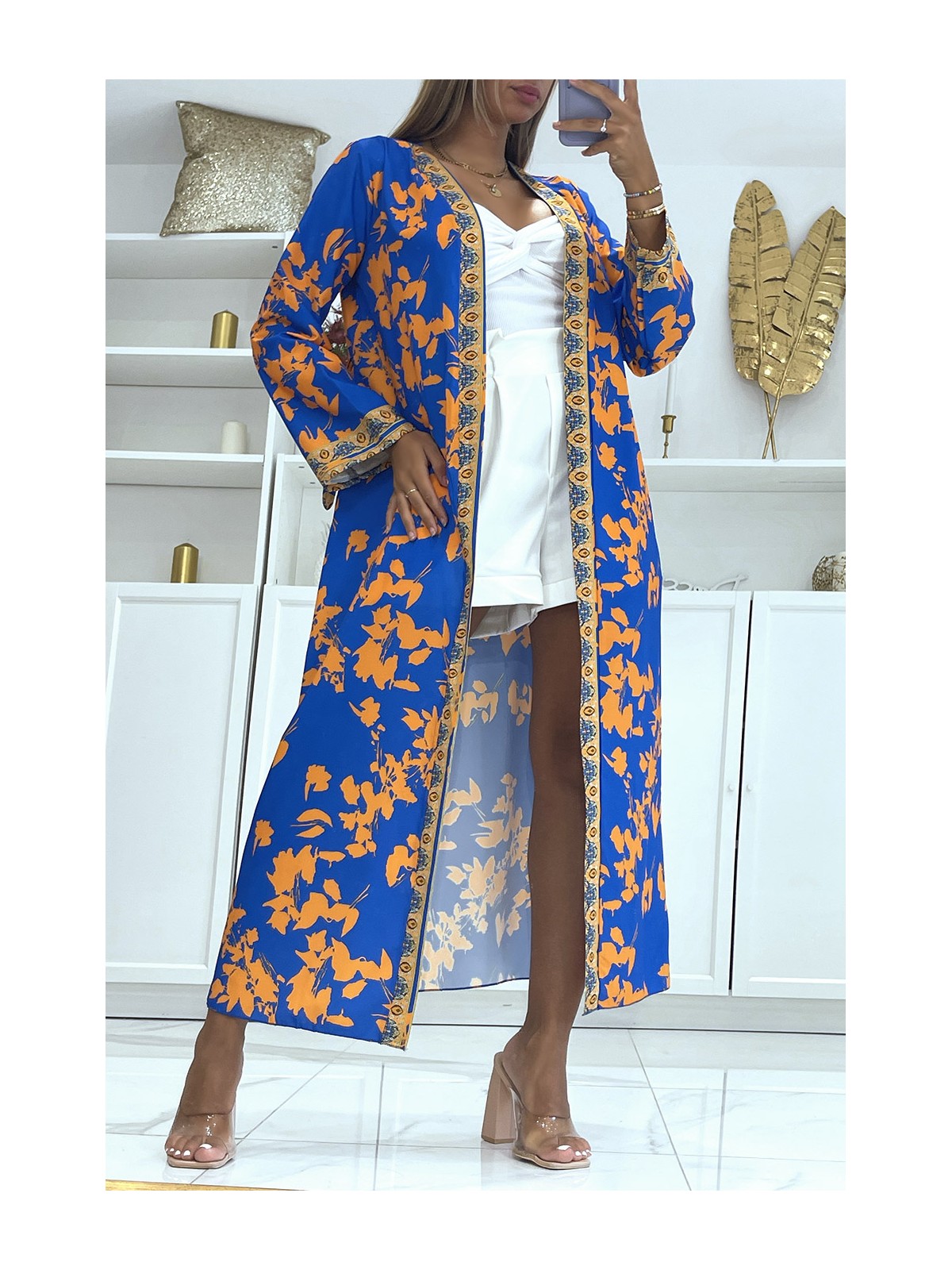 Sublime kimono en soie avec motif royal et orange - 2