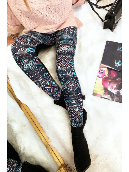 Leggings d'hiver coloré en corail et noir, motifs fantaisie et sky derrière. Style fashion. 148-2 - 4