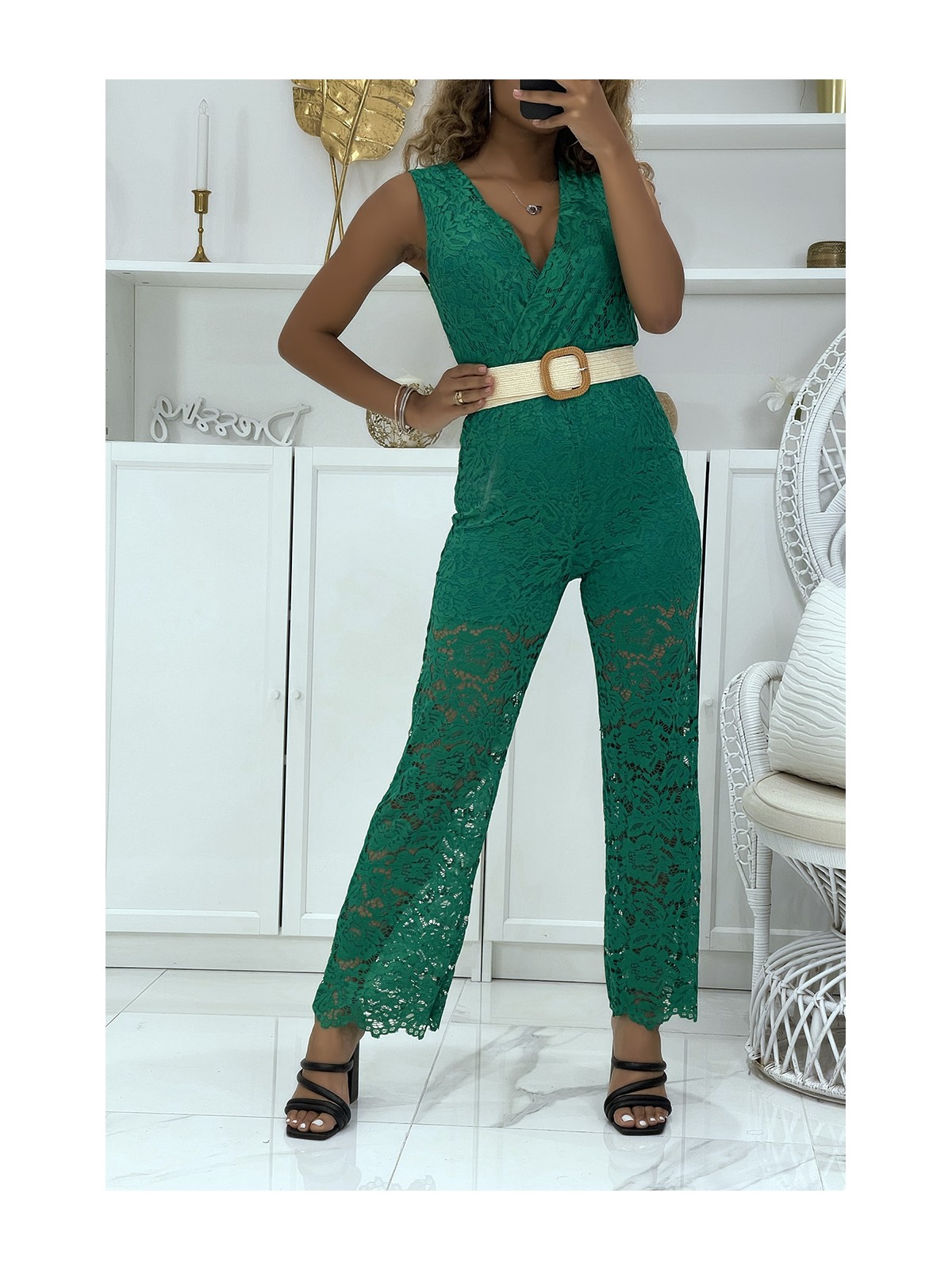 Combinaison pantalon vert en dentelle doublé vendu sans la ceinture  - 4