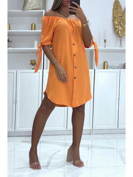 Tunique longue orange col bardot avec jolies noeuds sur les demis manches - 1
