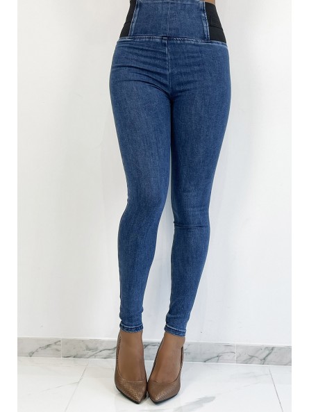 Pantalon jeans bleu taille haute avec élastique à la taille - 1