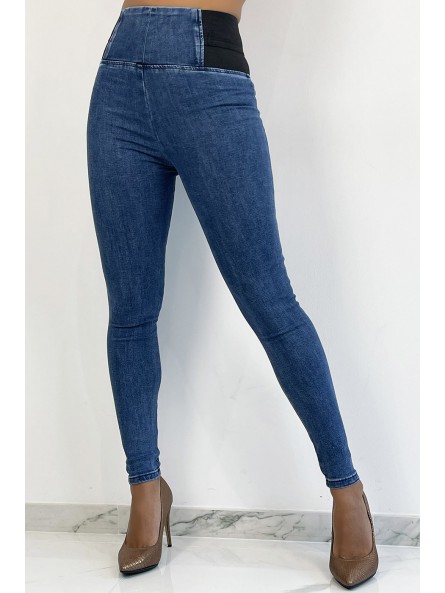 Pantalon jeans bleu taille haute avec élastique à la taille - 2