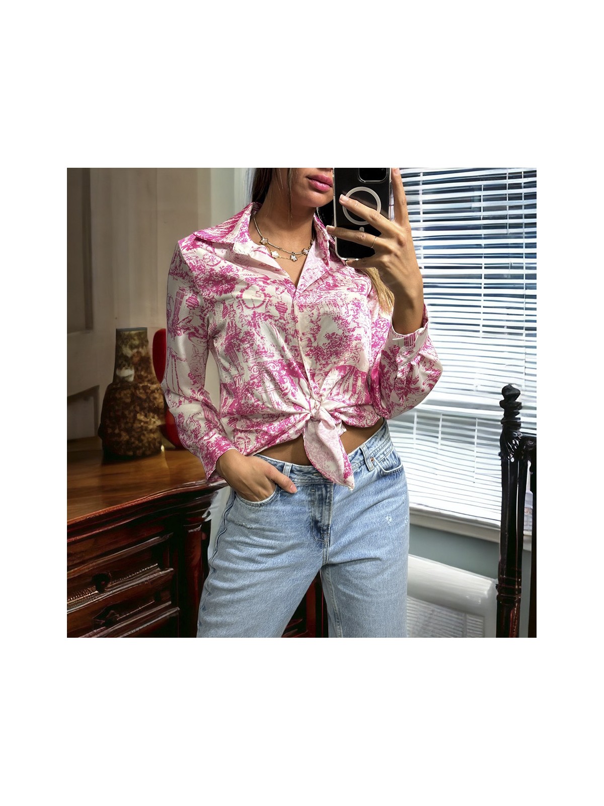 Chemise rose et blanc à motif imprimé inspi - 1