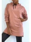 Long sweat tunique rose à capuche avec poche avant - 5
