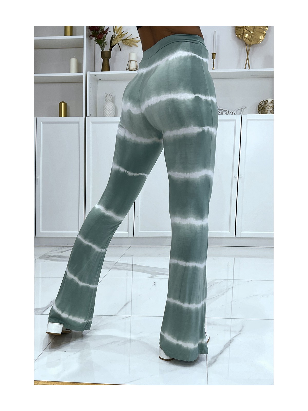 Pantalon moulant vert d'eau patte d'éléphant effet tye and die bicolore élastique à la taille  - 3