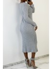 Longue robe pull gris boutonné en matière côtelé - 4