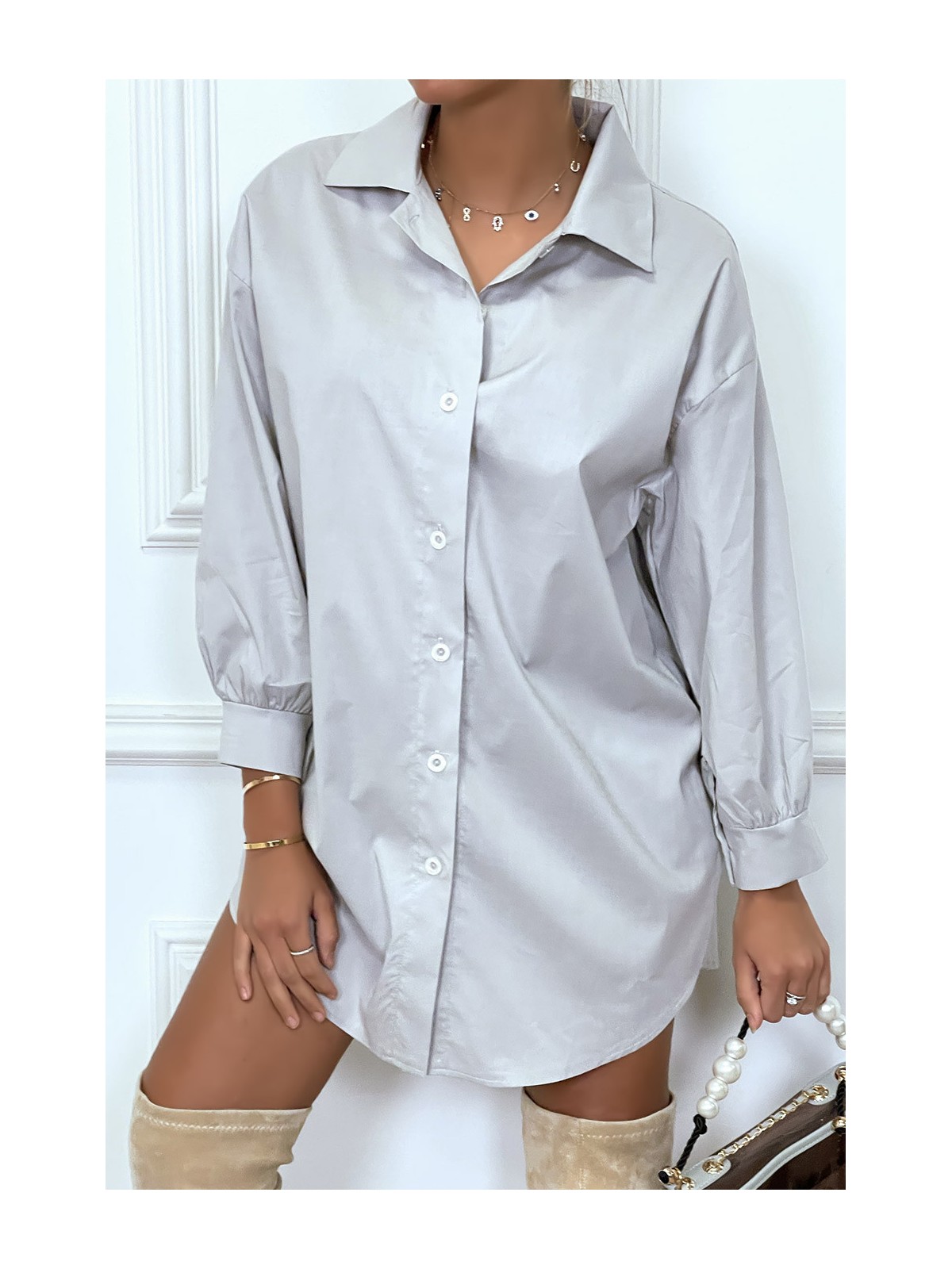 Robe chemise grise asymétrique en coton - 1