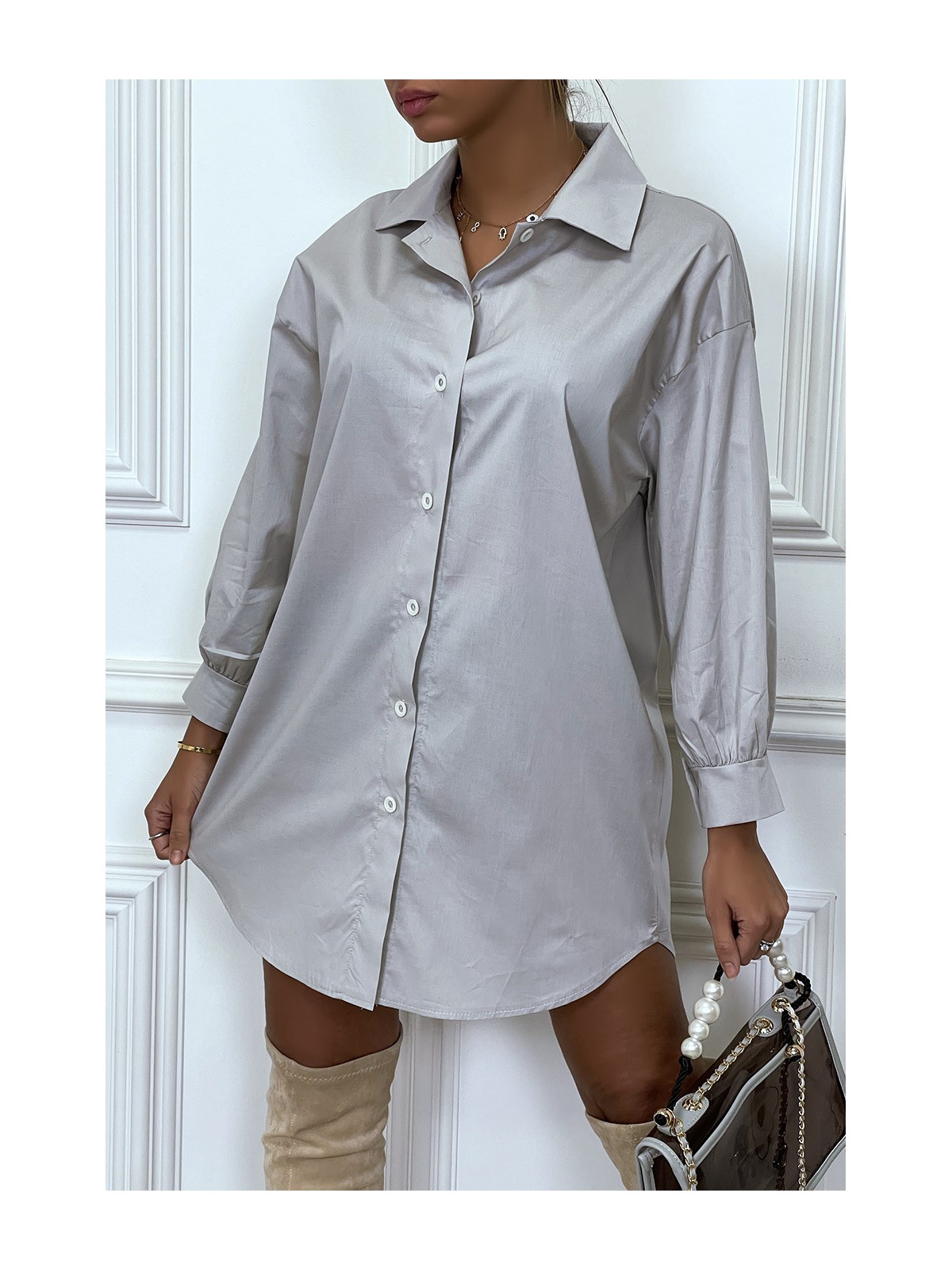 Robe chemise grise asymétrique en coton - 2