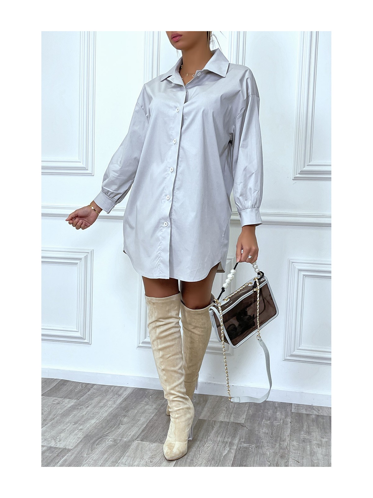 Robe chemise grise asymétrique en coton - 3
