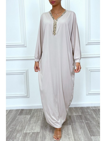 Abaya beige à encolure de strass et manches longues - 2