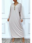Abaya beige à encolure de strass et manches longues - 7