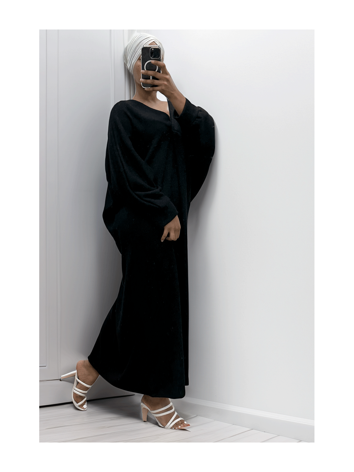 Longue robe pull over size col V noir  - 1