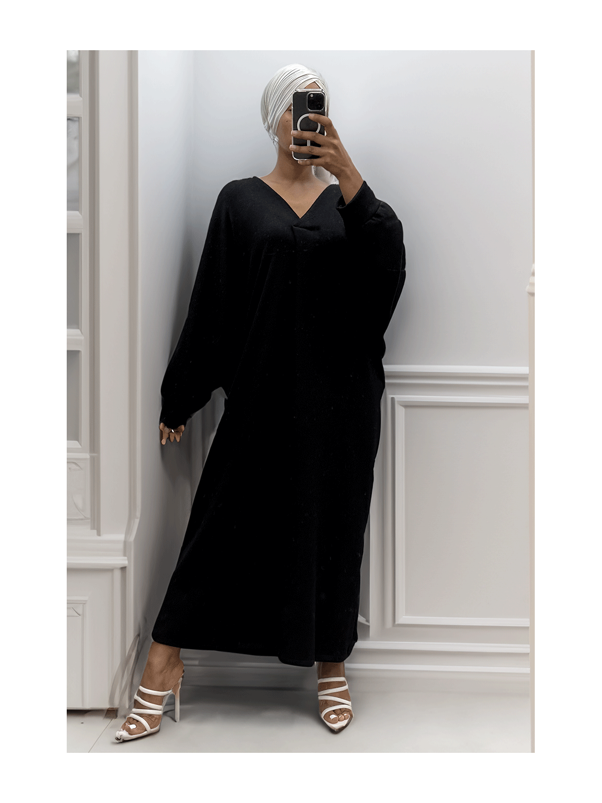 Longue robe pull over size col V noir  - 2
