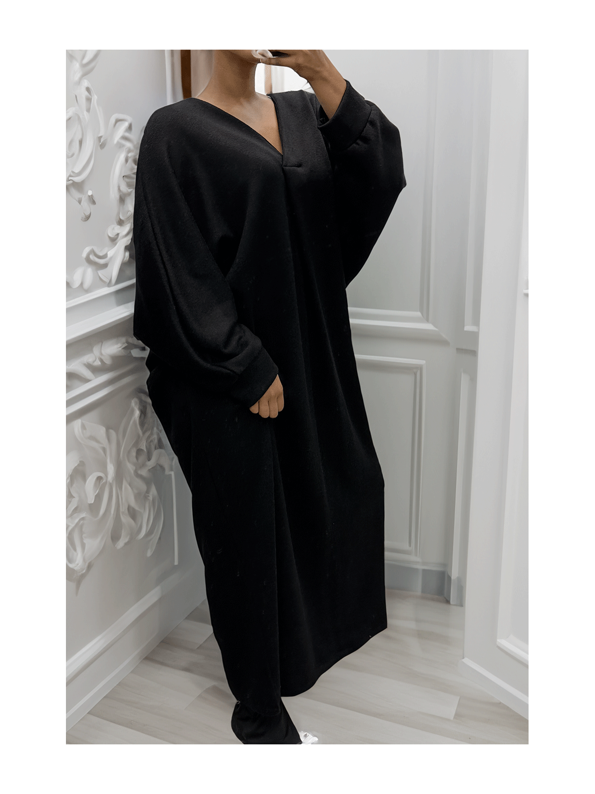 Longue robe pull over size col V noir  - 3