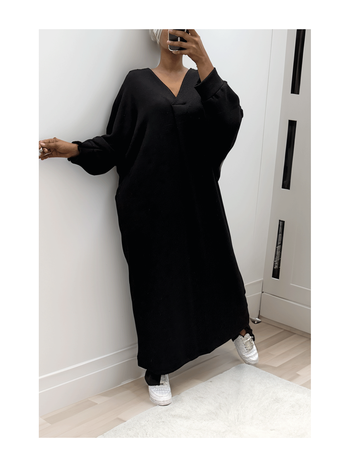 Longue robe pull over size col V noir  - 5