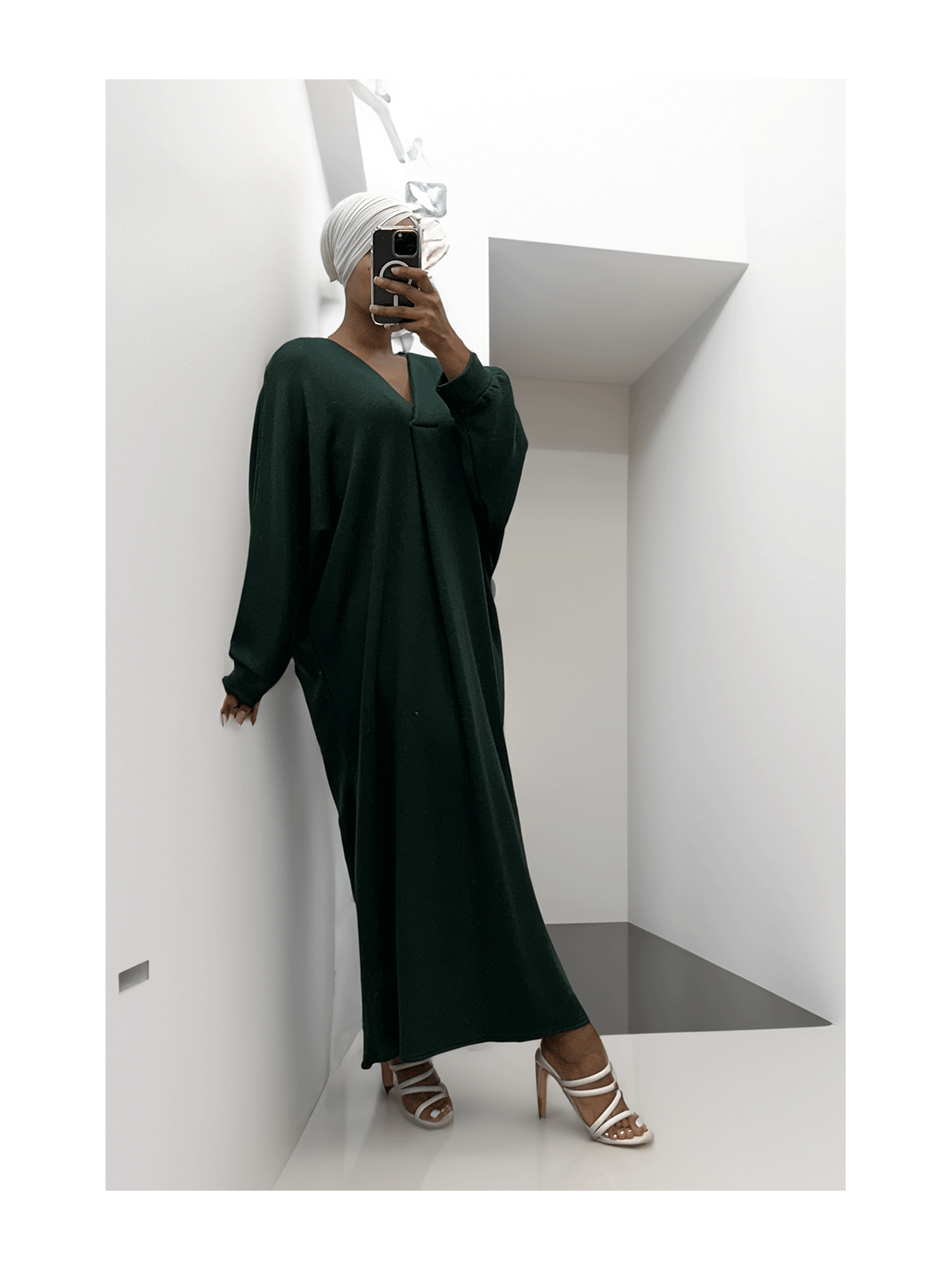Longue robe pull over size col V vert  - 1