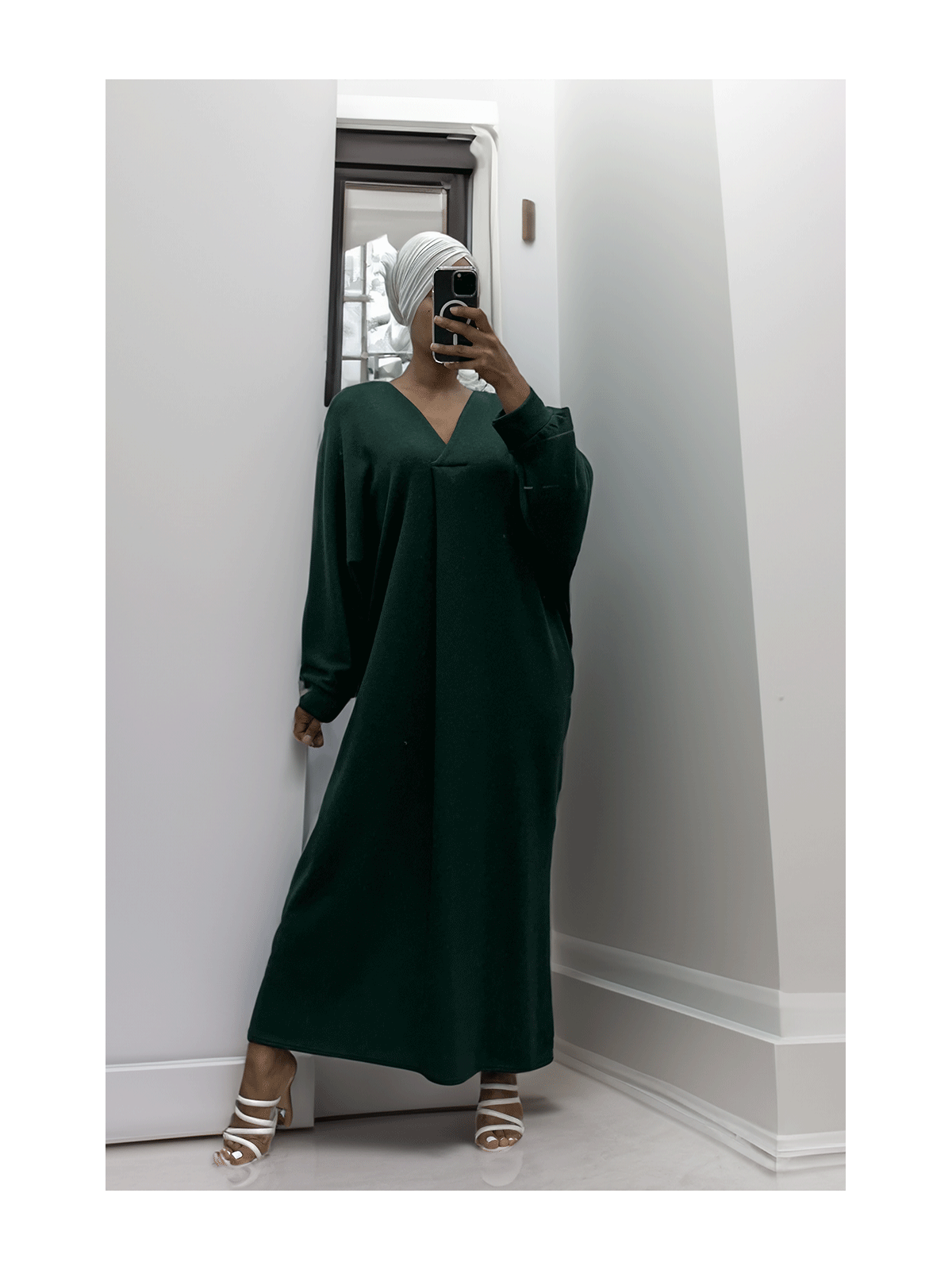 Longue robe pull over size col V vert  - 2