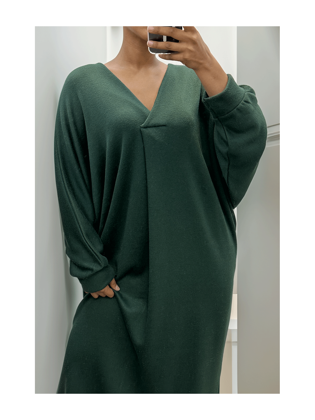 Longue robe pull over size col V vert  - 4