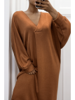 Longue robe pull over size col V cognac  - 1