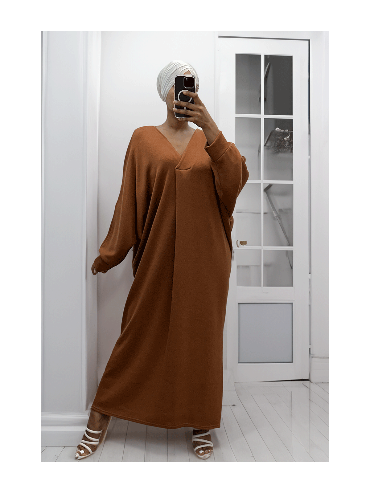 Longue robe pull over size col V cognac  - 4
