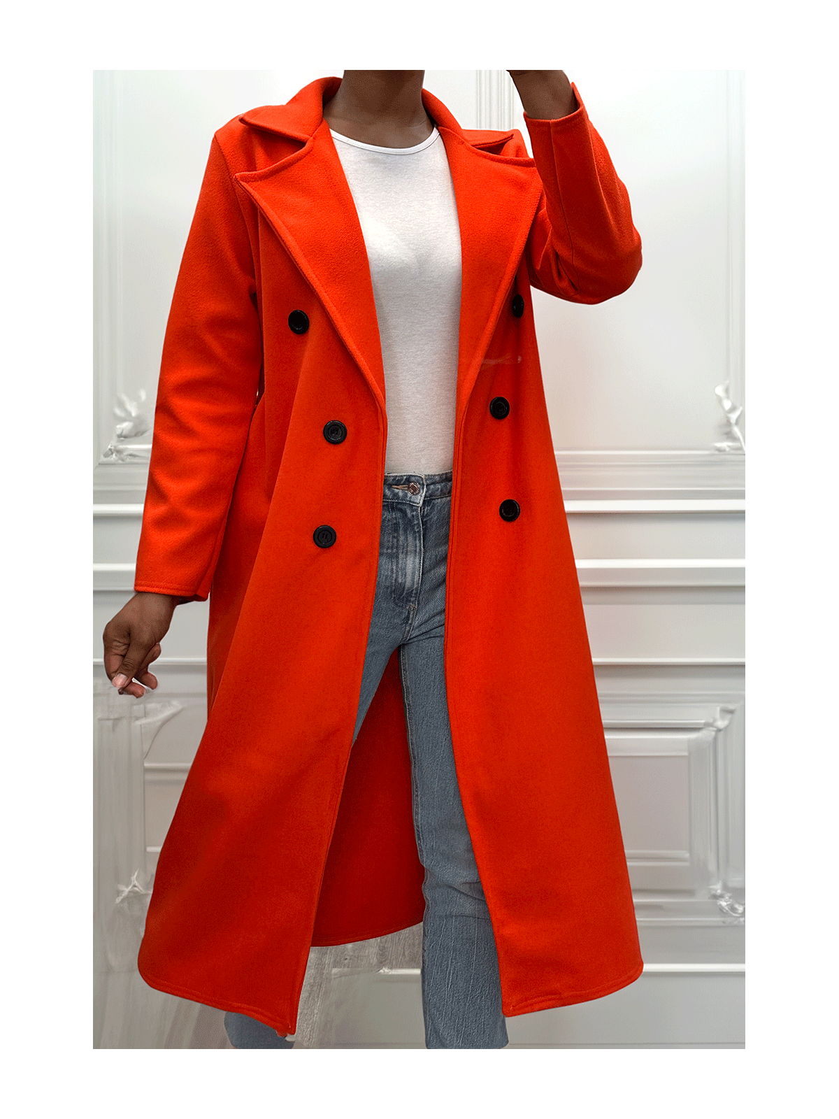 Long manteau croisé en orange avec poches boutons et ceinture - 1