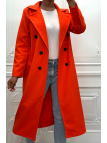 Long manteau croisé en orange avec poches boutons et ceinture - 1