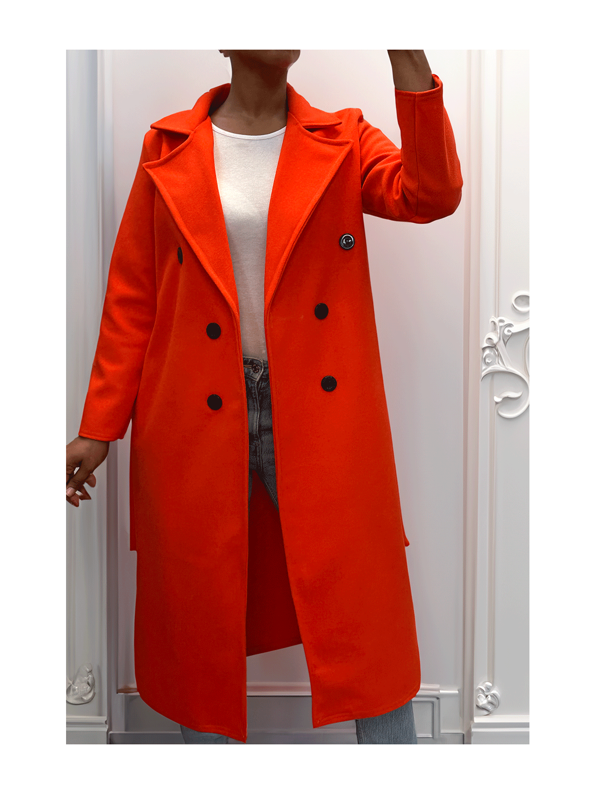 Long manteau croisé en orange avec poches boutons et ceinture - 2