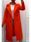 Long manteau croisé en orange avec poches boutons et ceinture - 2