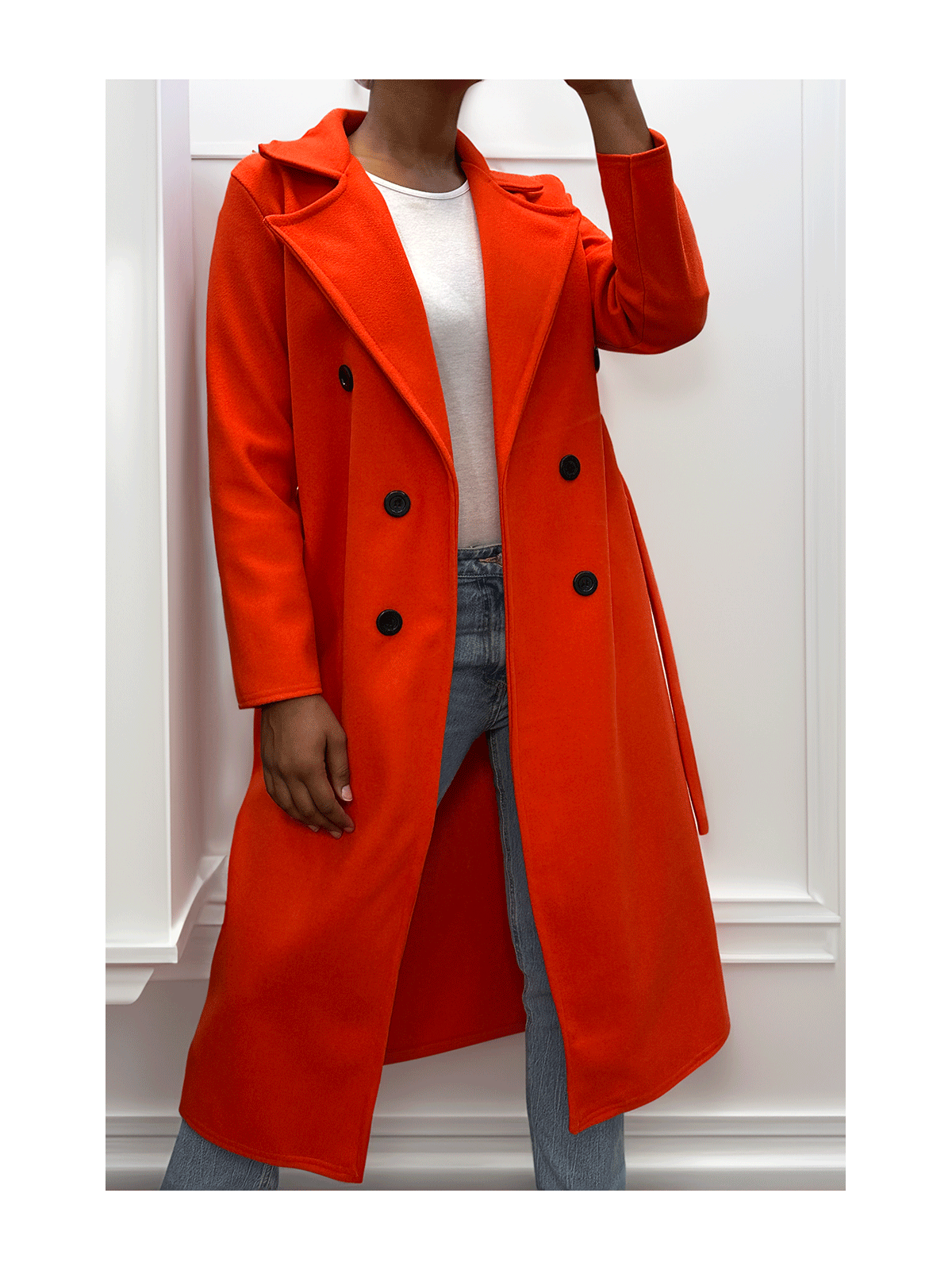 Long manteau croisé en orange avec poches boutons et ceinture - 3
