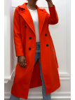 Long manteau croisé en orange avec poches boutons et ceinture - 3