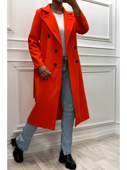 Long manteau croisé en orange avec poches boutons et ceinture - 4