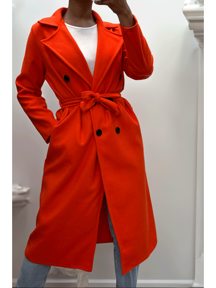 Long manteau croisé en orange avec poches boutons et ceinture - 5