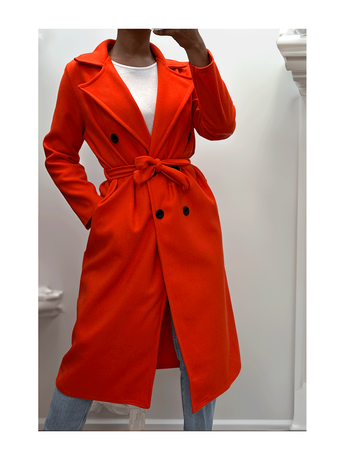 Long manteau croisé en orange avec poches boutons et ceinture - 5
