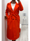 Long manteau croisé en orange avec poches boutons et ceinture - 6