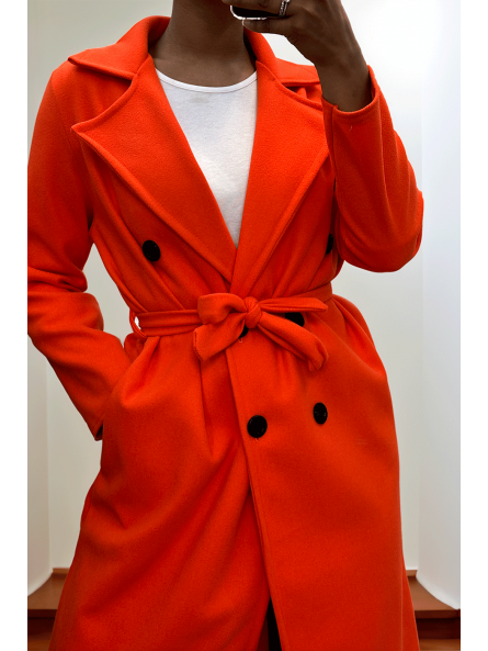 Long manteau croisé en orange avec poches boutons et ceinture - 7