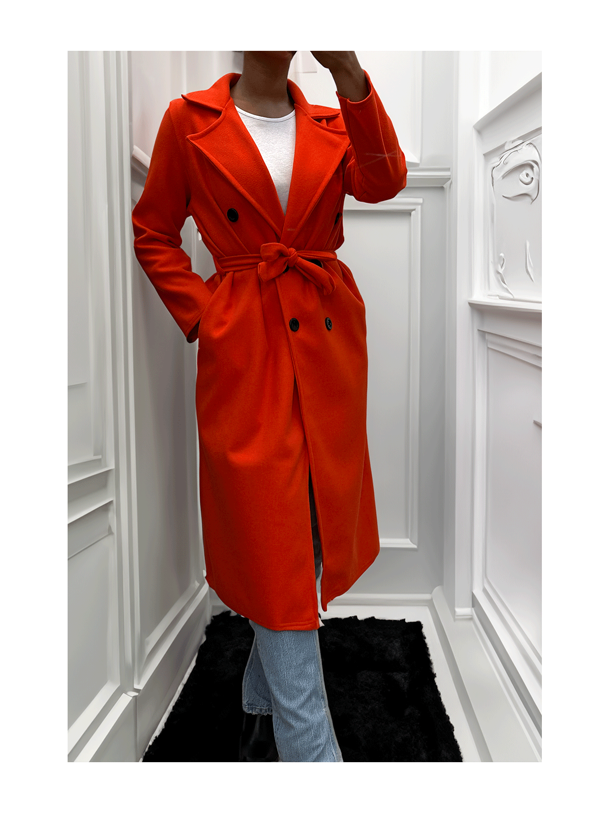 Long manteau croisé en orange avec poches boutons et ceinture - 8