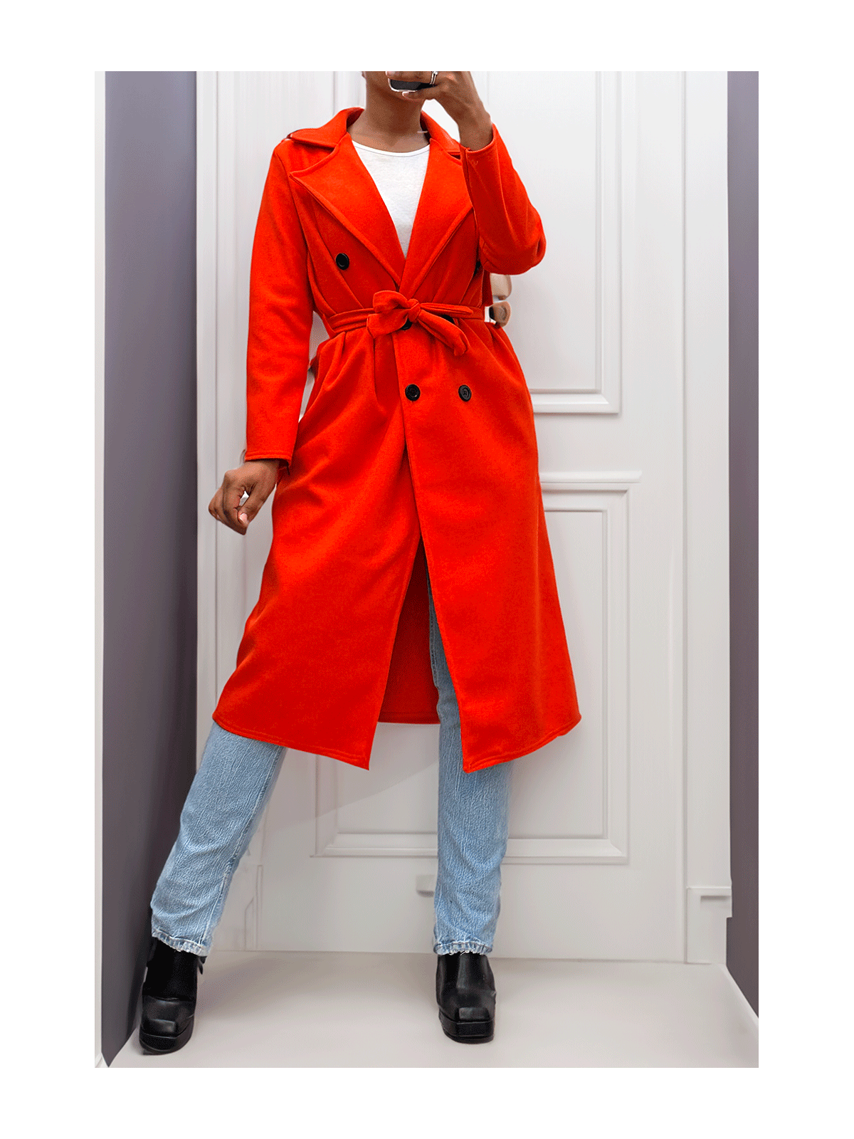Long manteau croisé en orange avec poches boutons et ceinture - 10
