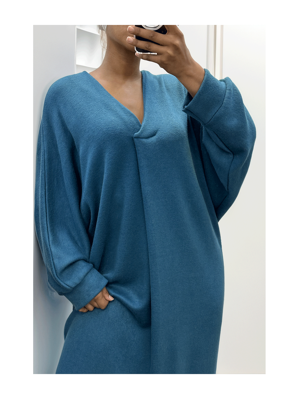 Longue robe pull over size col V canard  - 1