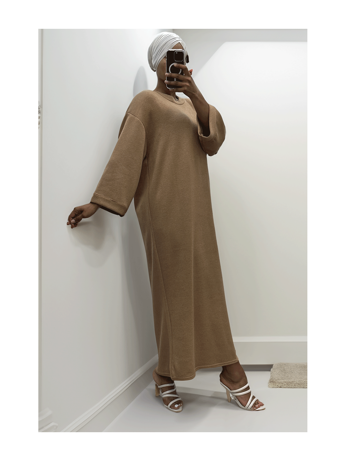 Longue robe pull over size col rond camel  - 2