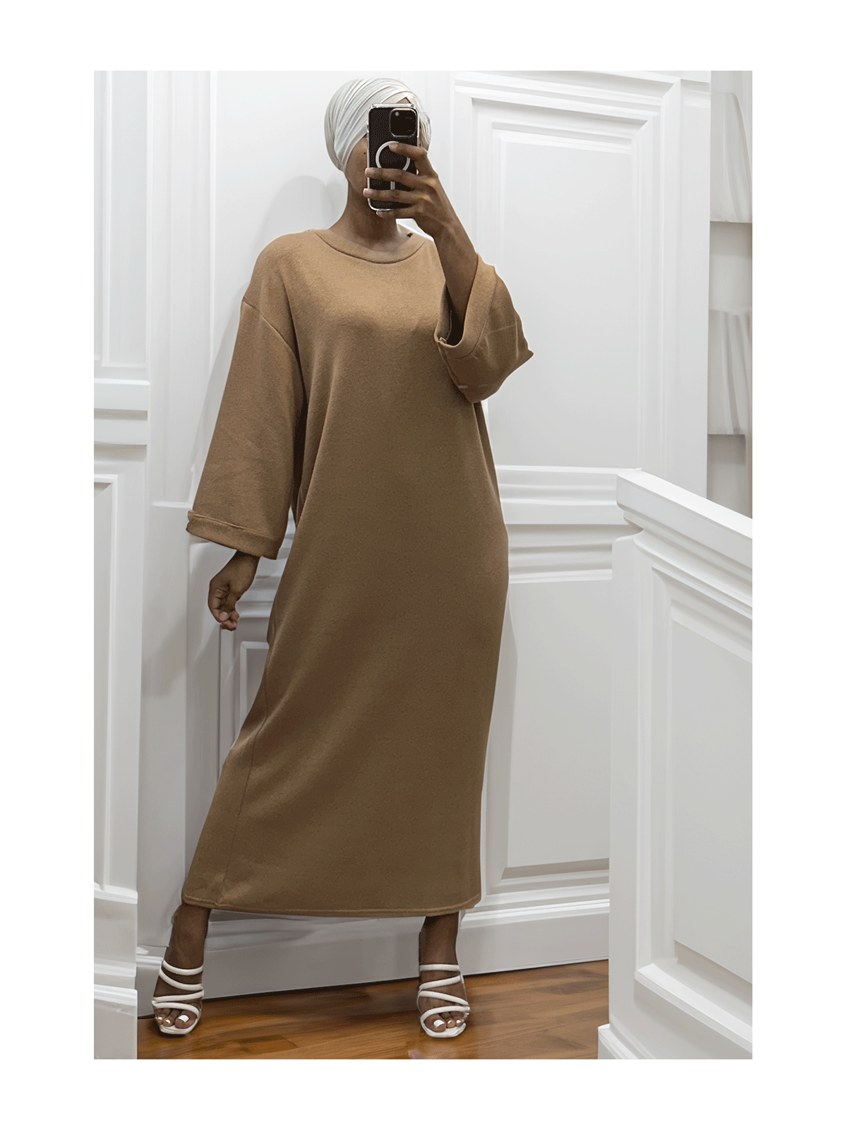 Longue robe pull over size col rond camel  - 3