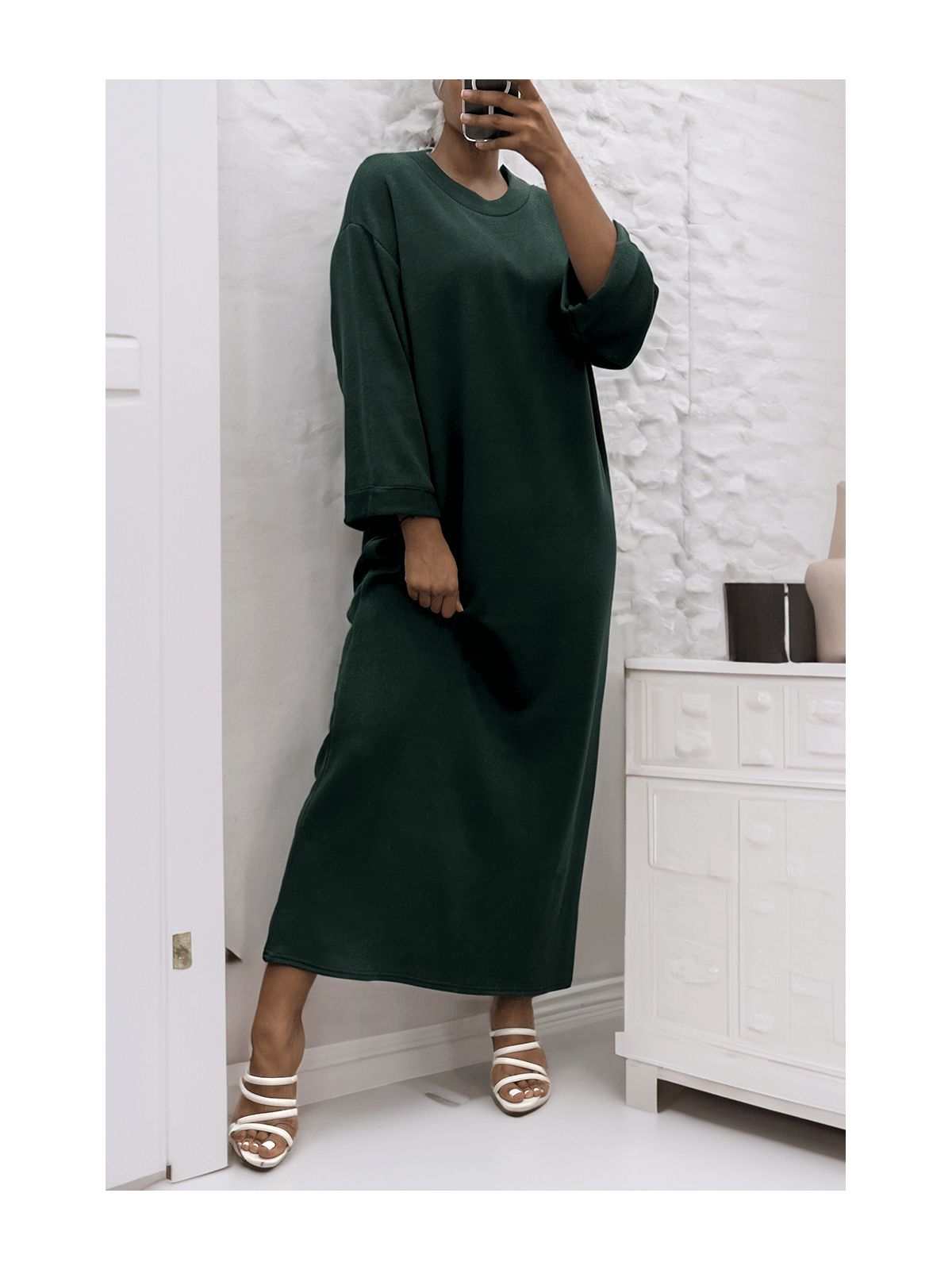 Longue robe pull over size col rond vert  - 2