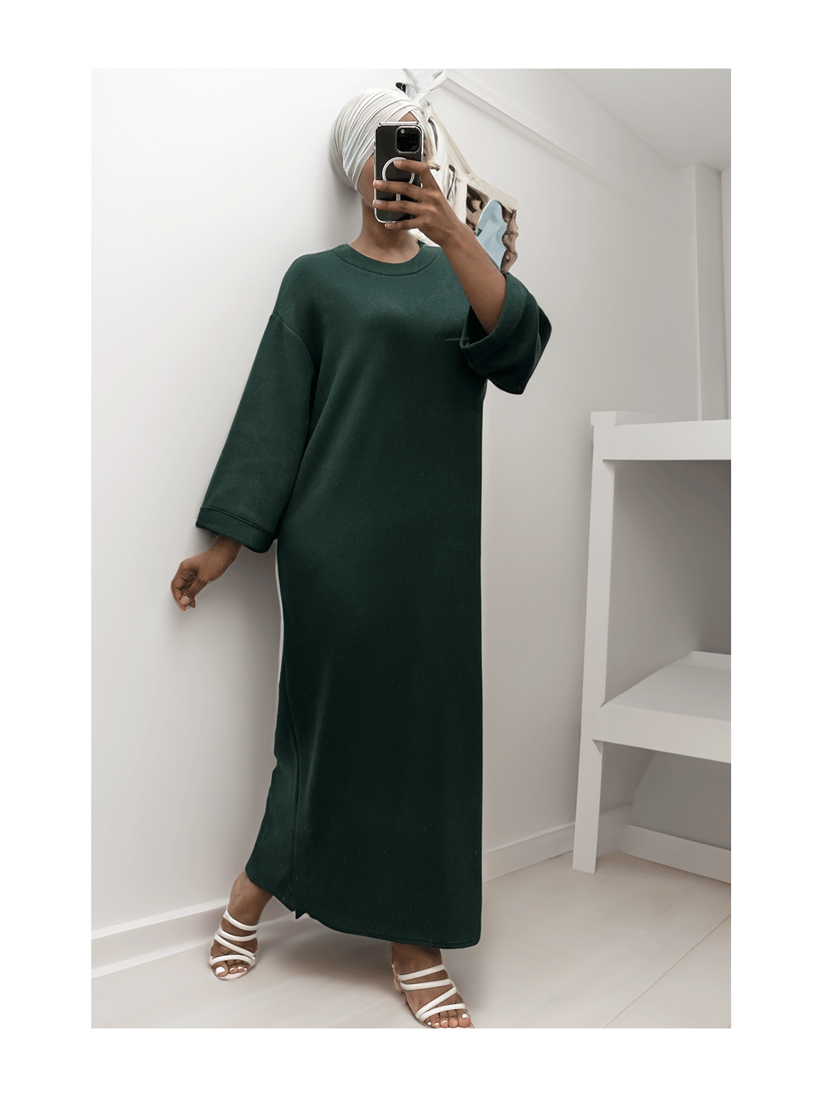 Longue robe pull over size col rond vert  - 3