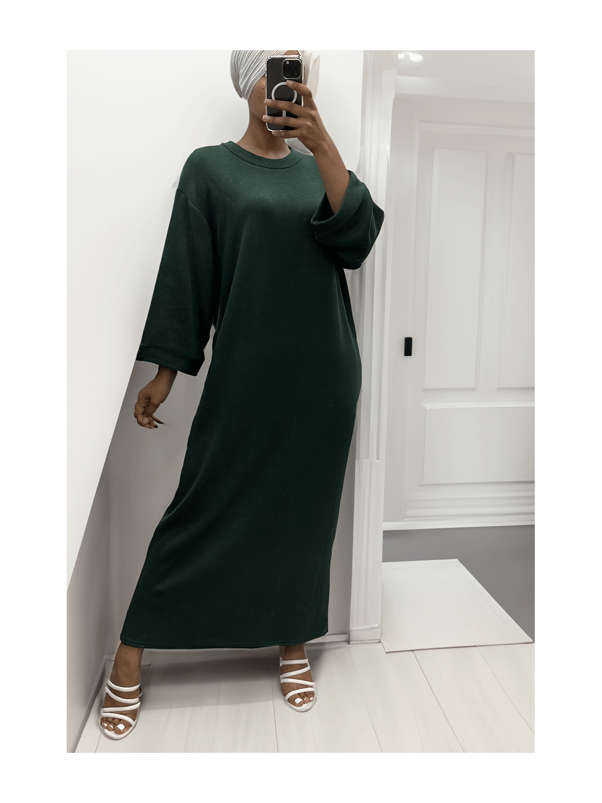 Longue robe pull over size col rond vert  - 5
