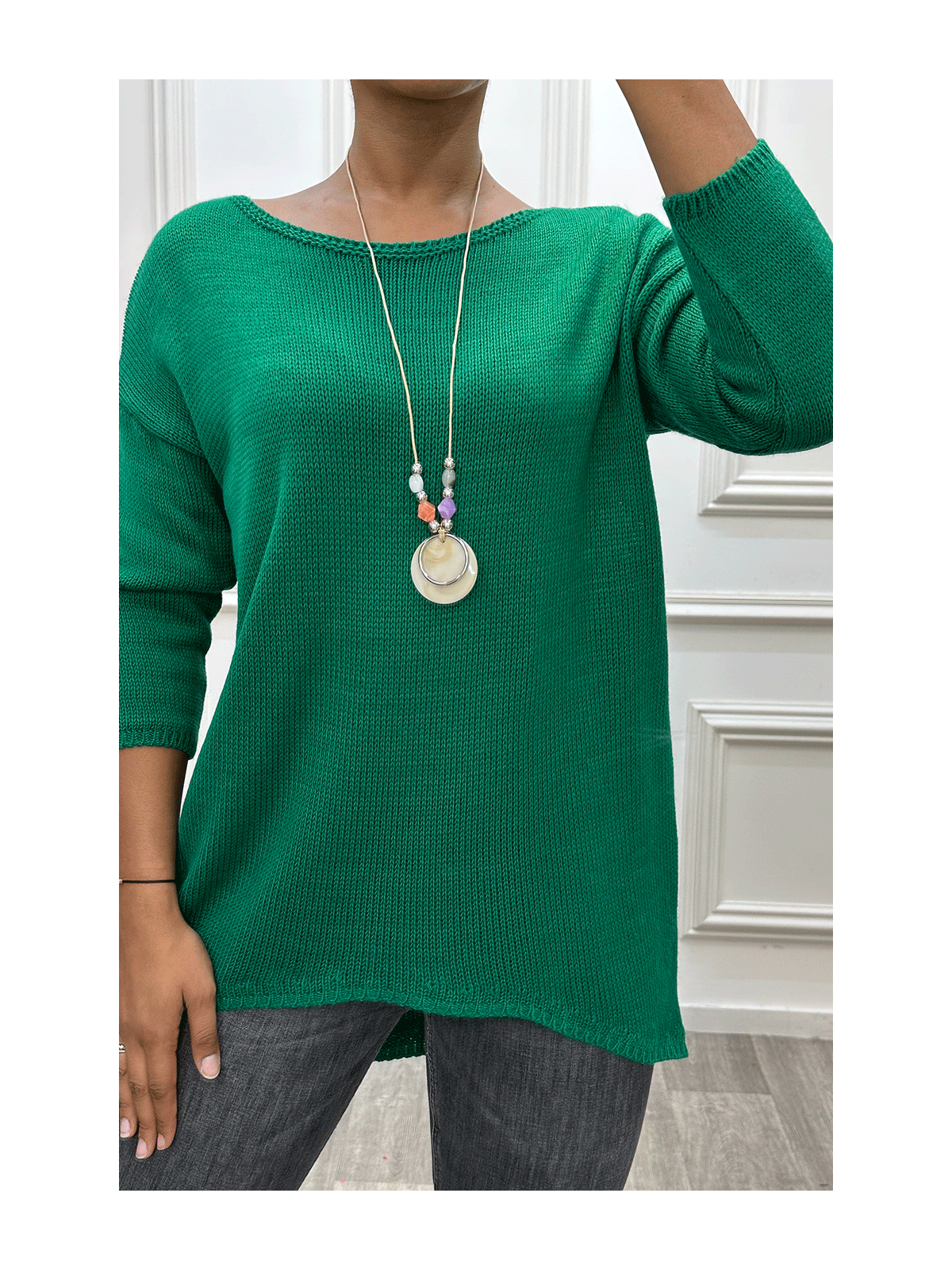 Robe pull vert avec collier - 2