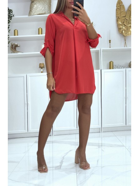 Robe tunique rouge col chemise manches revers - 1